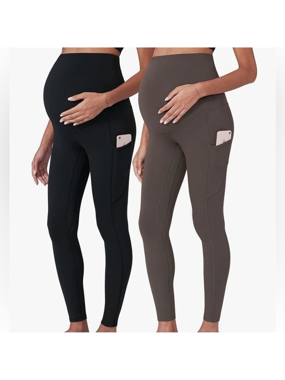 Poshdiva Pair of Maternity High-Waist Pocket Leggings - Black & Taupe • Like New